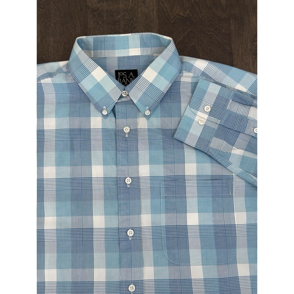 Jos A Bank Travelers Mens Button Down Blue Long Sleeve Plaid Dress Shirt Size L
